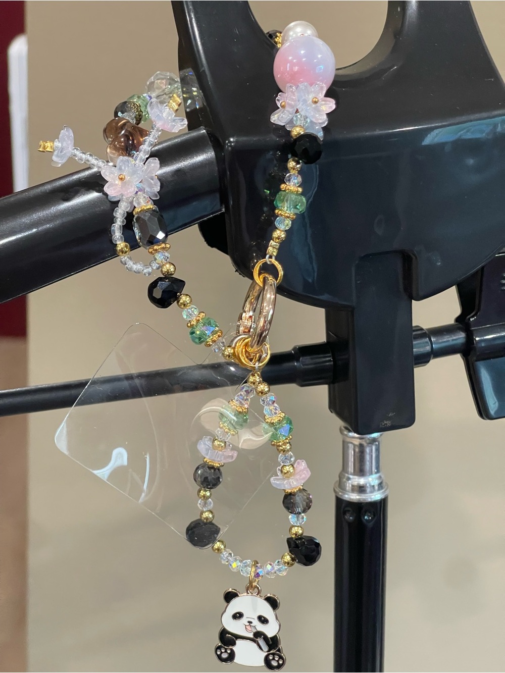 Cute Panda Charm Beaded Bracelet Keychain - Pink, Green, Black & Gold